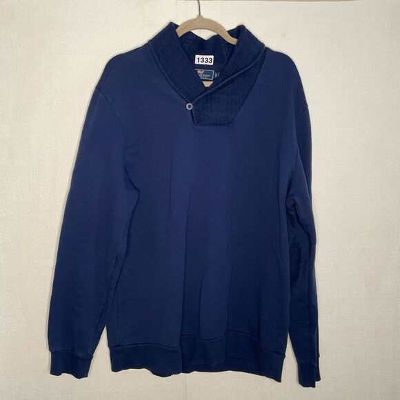 Vineyard Vines‎ Mens Large Pullover Sweater Blue Shawl Collar Elbow Patch Cotton - Picture 1 of 8